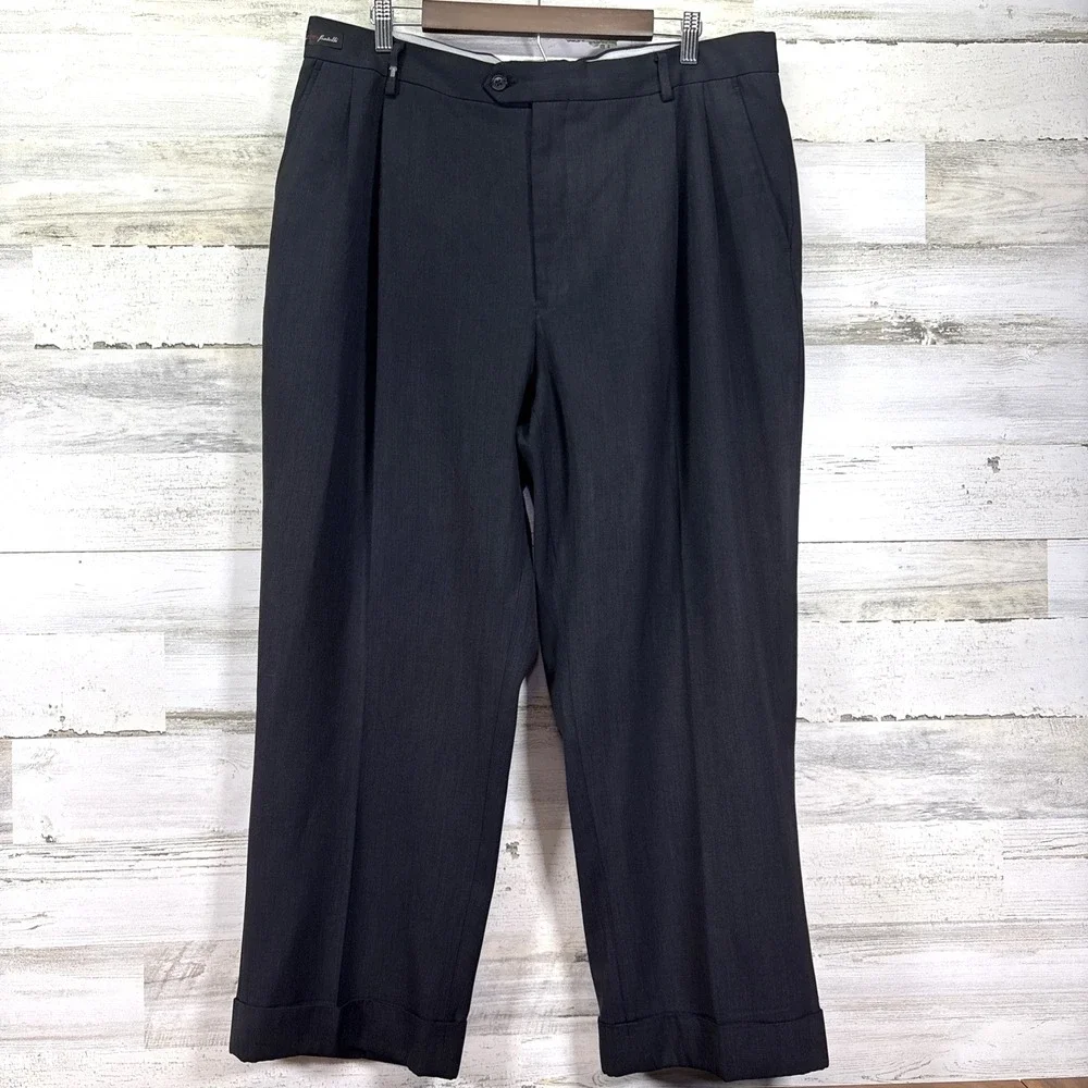 Eddie Domani Dark Gray Super 120s Fratelli Wool Pleated Cuffed Dress Pants 37x27